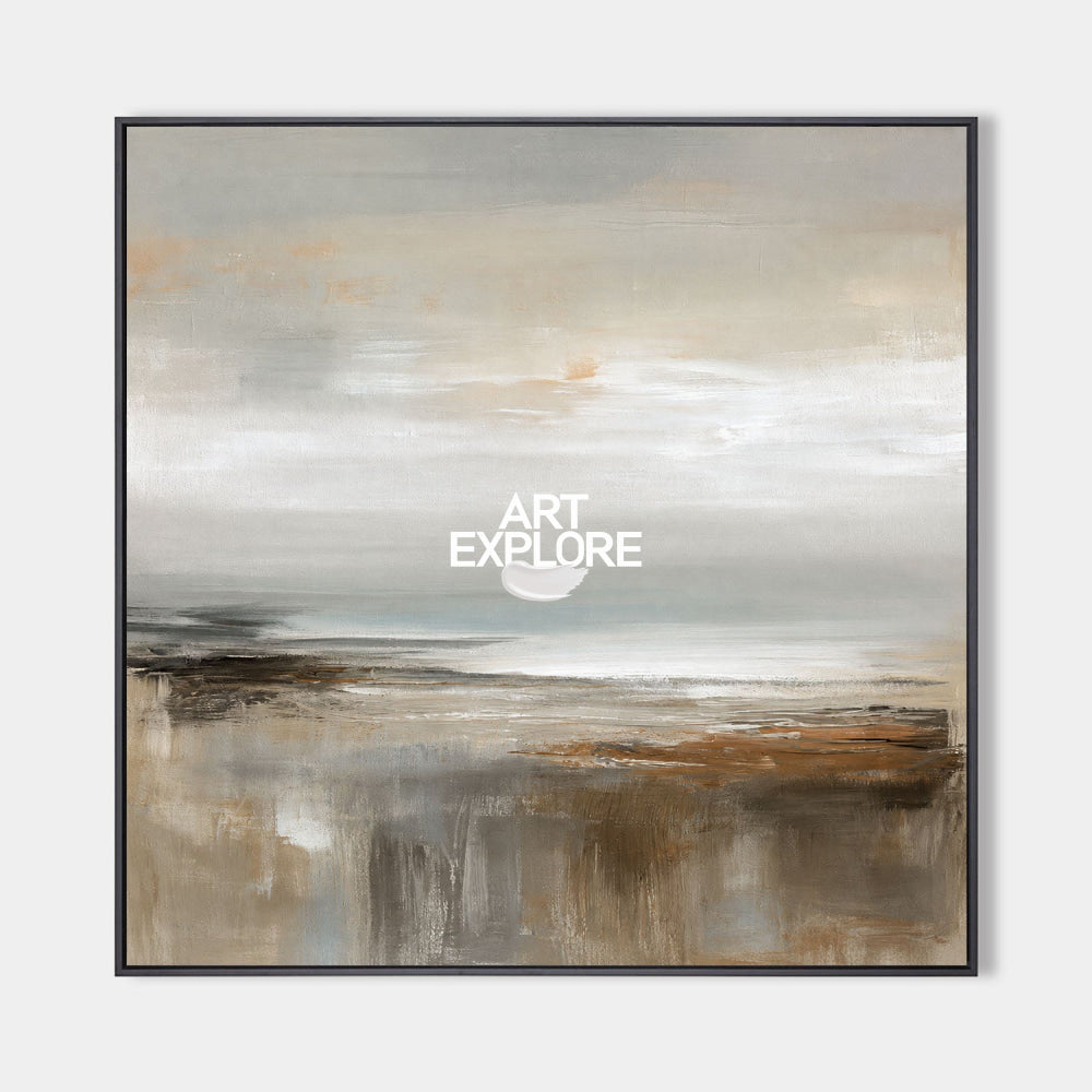 Abstract Textured Square Painting With Neutral Horizon For Modern Living Room Decor