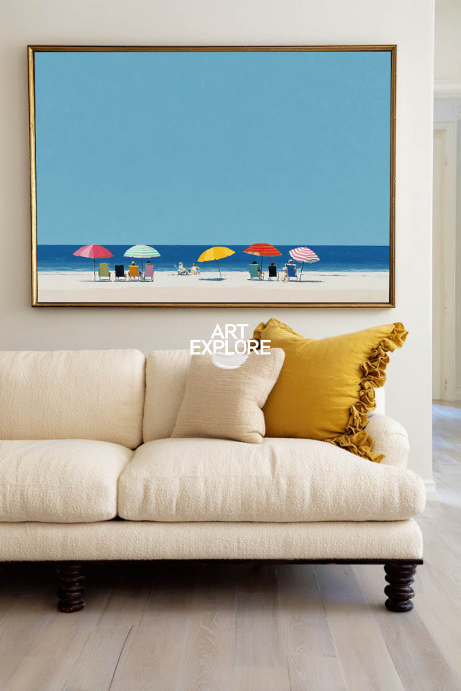 Vibrant Beach Seascape Painting With Colorful Umbrellas For Modern Coastal Home Decor