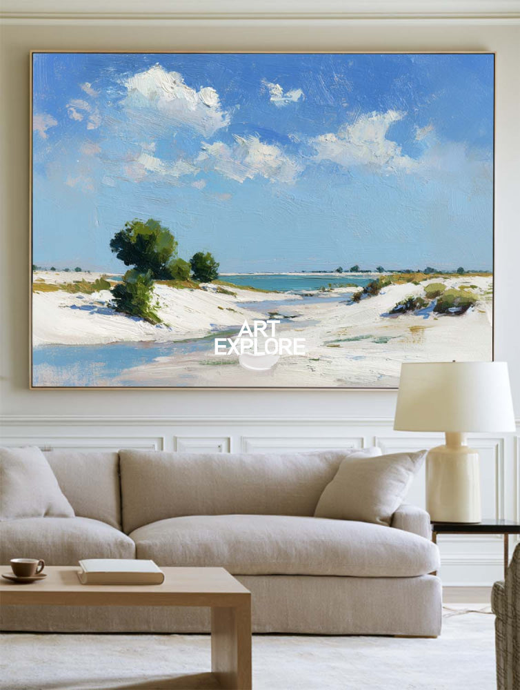 Original Azure Sky And Sand Dune Oil Art With Green Accents For Home Wall Decor