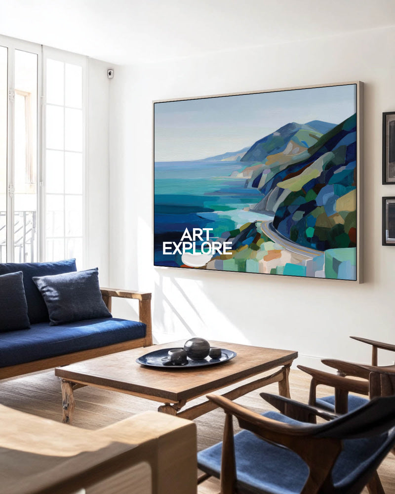 Abstract Coastal Highway Landscape Painting With Blue And Green Tones For Modern Home Decor