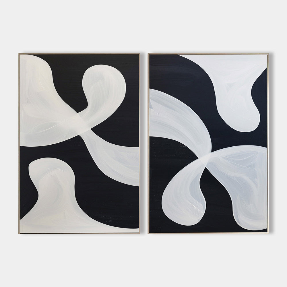 Large Black And White Modern Art Geometric Painting Black And White 2 Piece Wall Art Minimalist Apartment Decor