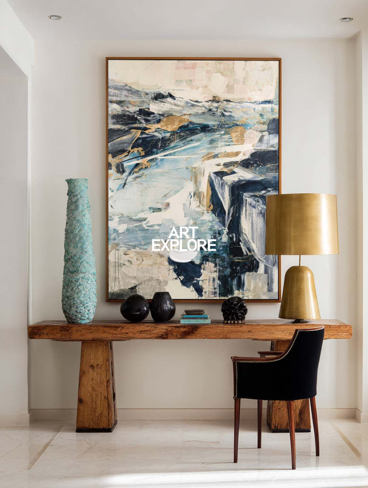 Contemporary Blue And Gold Abstract Art For Modern Living Room Decor