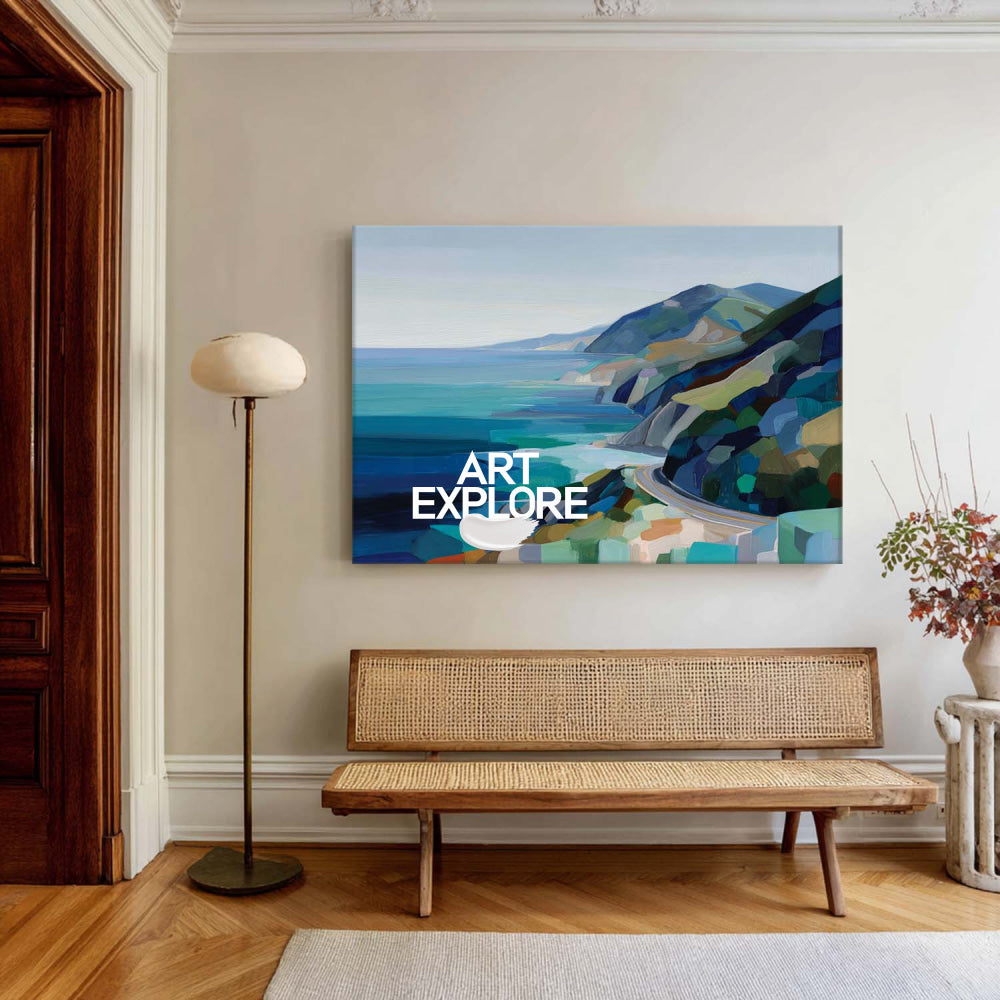 Abstract Coastal Highway Landscape Painting With Blue And Green Tones For Modern Home Decor