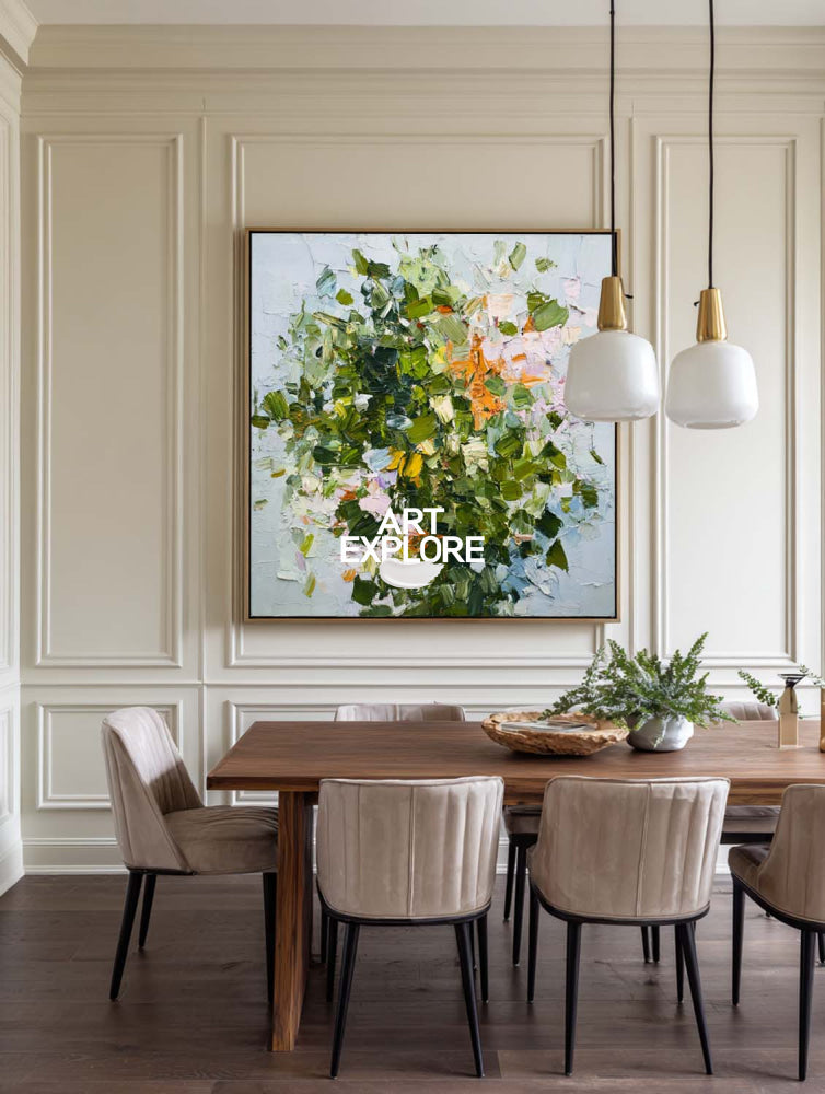Abstract Green Floral Oil Painting On Linen Canvas For Modern Home Decor