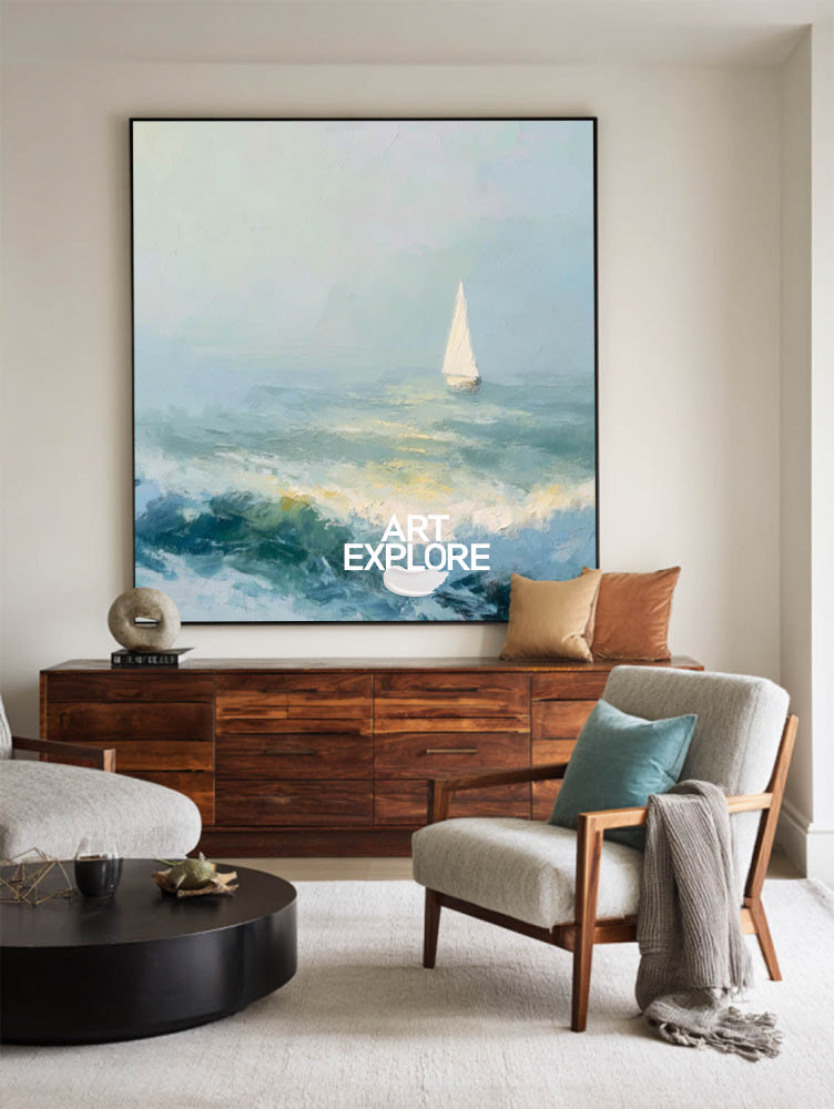 Textured Seascape Oil Painting With Sailboat For Modern Coastal Home Decor