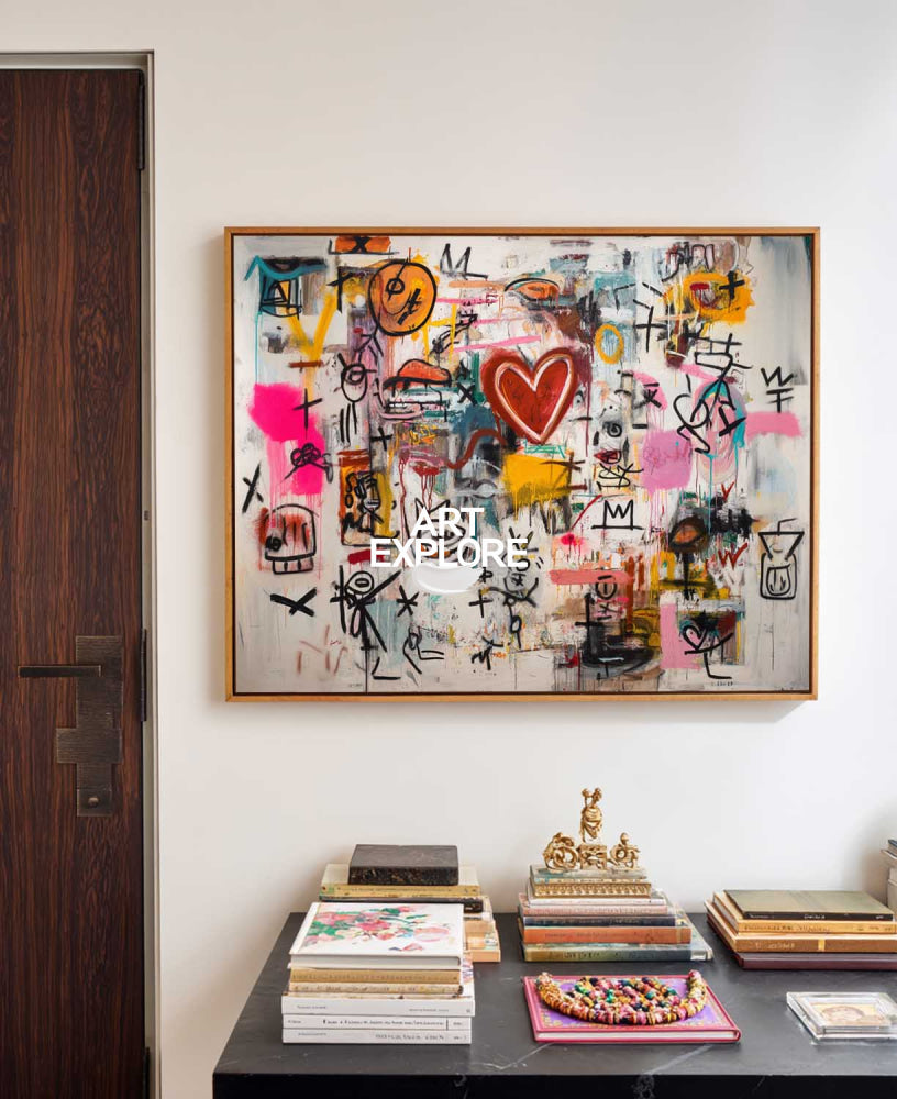 Vibrant Graffiti Abstract Art With Red Heart For Modern Living Room Decor