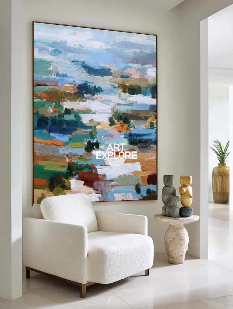 Original Abstract Landscape Oil Painting With Mosaic Patchwork Effect For Modern Home Decor