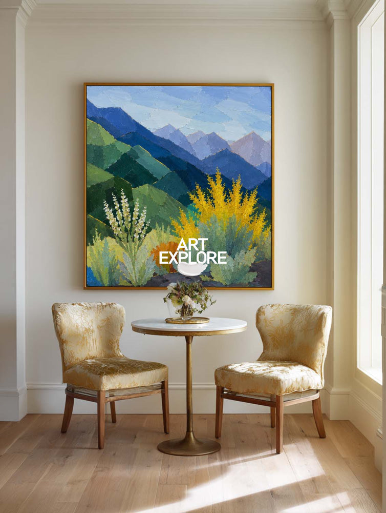 Modern Geometric Mountain Landscape Painting With Textured Blue Green Nature Art For Living Room Decor
