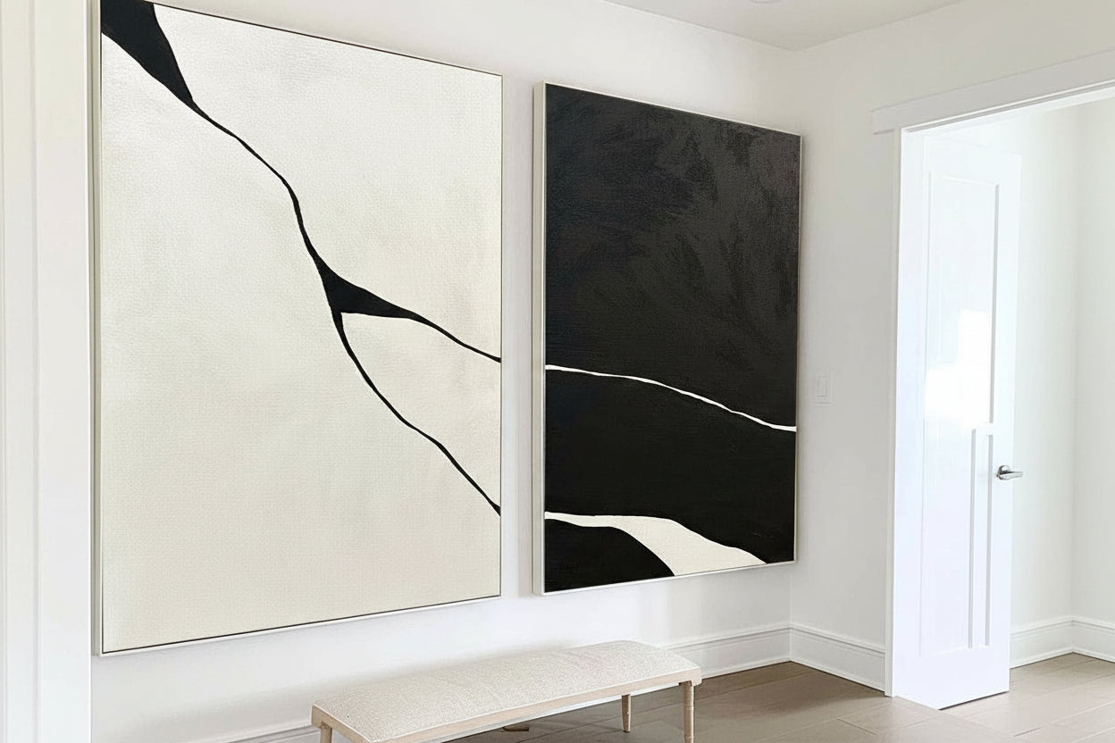 Modern Wabi-Sabi Black And White Artworks Set Of 2 Painting Unique Black And White Abstract Wall Art