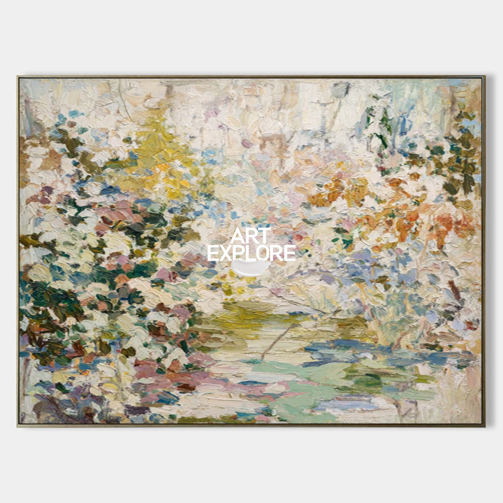 Abstract Botanical Garden Painting With Textured Impasto For Modern Home Decor