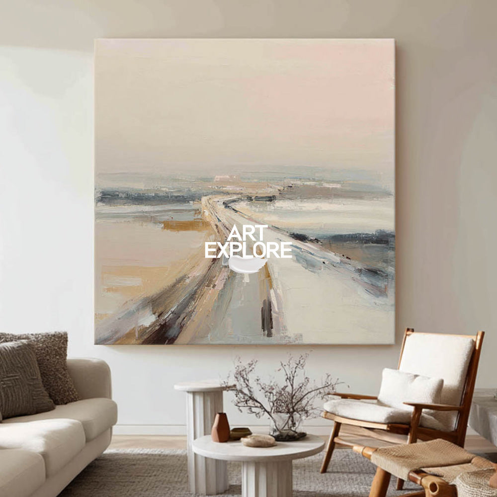 Modern Abstract Road Painting Textured Beige And Grey Square Canvas Art For Living Room