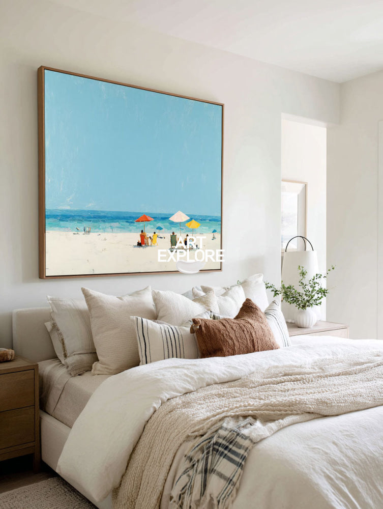 Abstract Beach Seascape Painting With Blue Sky And Umbrellas For Coastal Home Decor