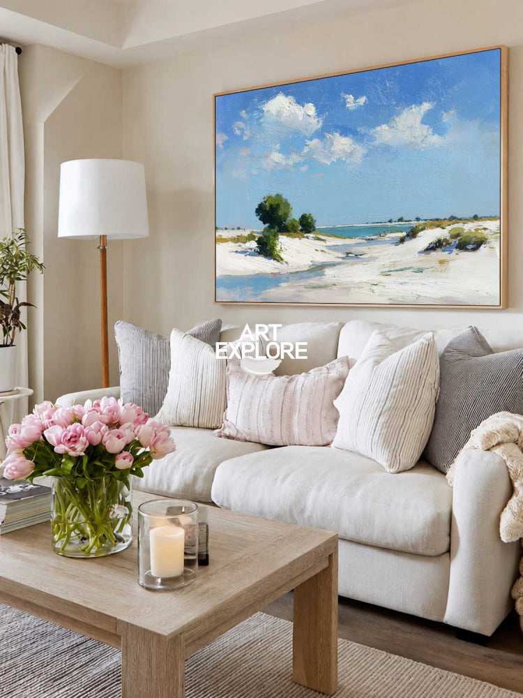 Original Azure Sky And Sand Dune Oil Art With Green Accents For Home Wall Decor