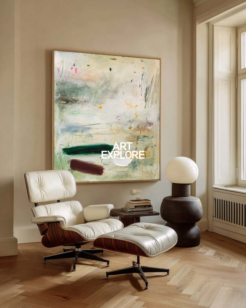 Modern Minimalist Green Abstract Painting Original Oil On Linen Canvas For Living Room Decor