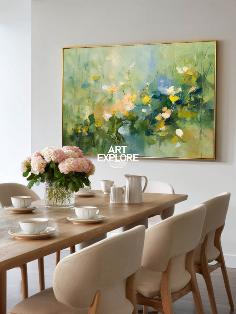 Textured Abstract Wildflower Painting In Green And Yellow For Modern Living Room Decor