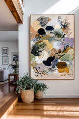 Handmade Textured Abstract Art On Linen Canvas With Earthy Tones And Black Details