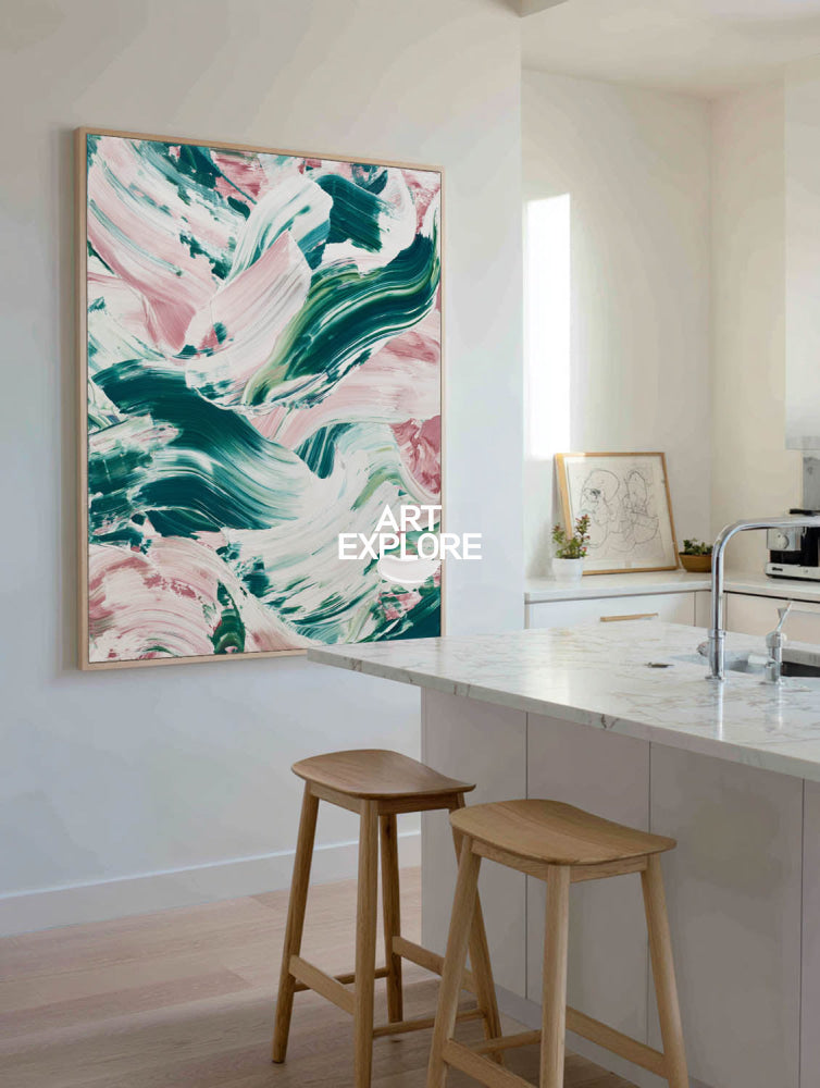 Textured Abstract Wall Art In Emerald Green And Soft Pink For Contemporary Home