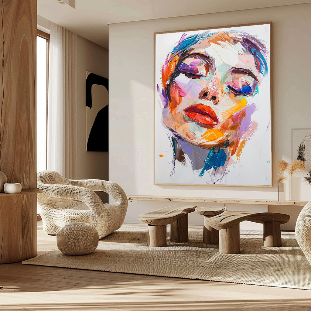 Abstract Women Face Acrylic Painting Big Colorful Wall Decor Large Portrait Painting Living Room