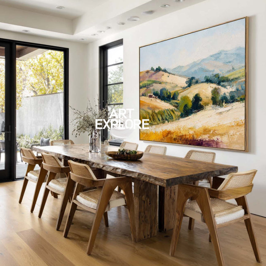 Golden Hillside Landscape Oil Painting With Textured Brushwork For Modern Living Room Decor