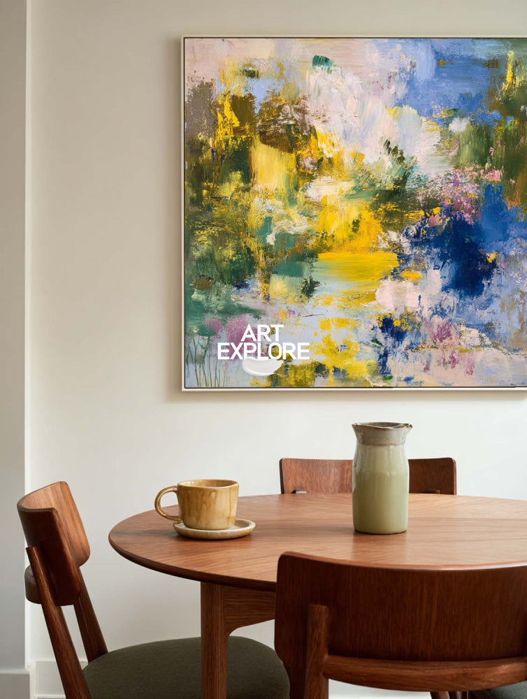 Vibrant Yellow And Blue Abstract Art Original Oil Painting On Linen Canvas For Modern Living Room Decor