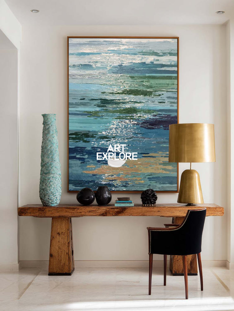 Abstract Seascape Painting With Blue Green Waves And Gold Accents For Modern Living Room Decor