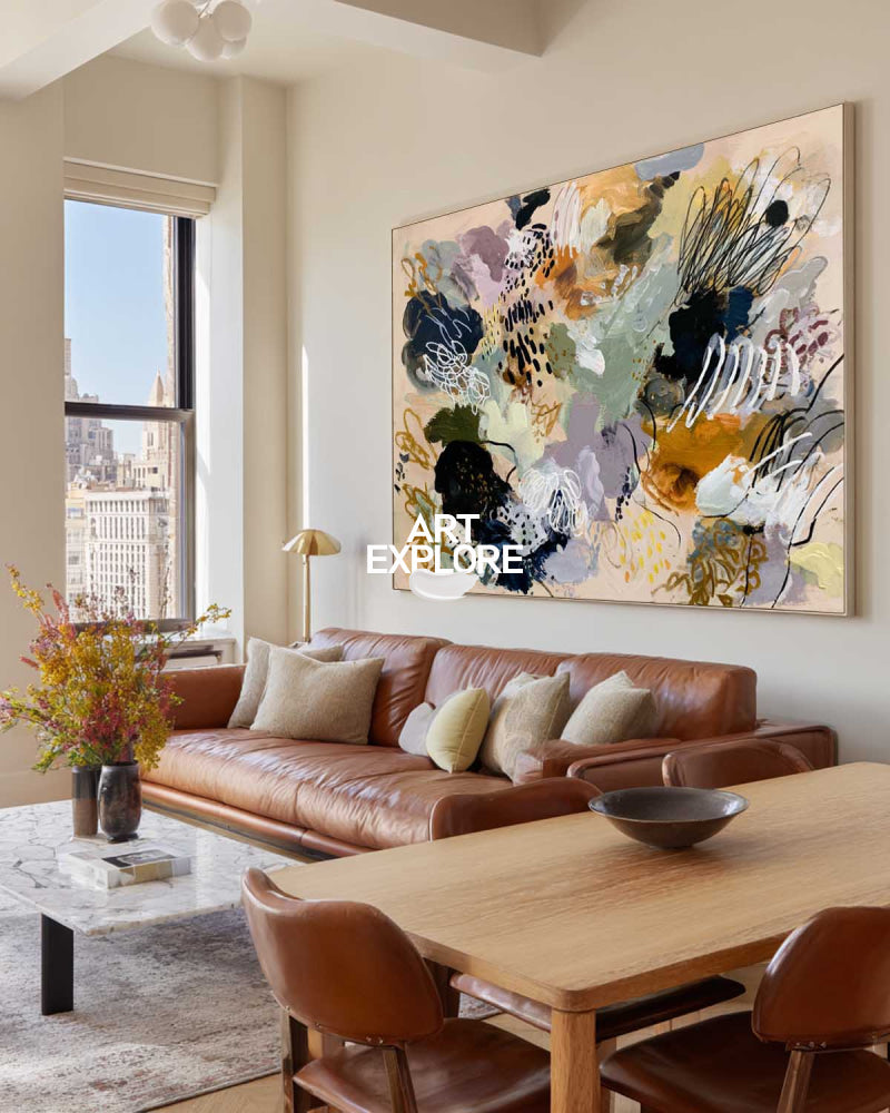 Large Multicolor Abstract Canvas Art With Neutral Beige Base For Living Room Wall