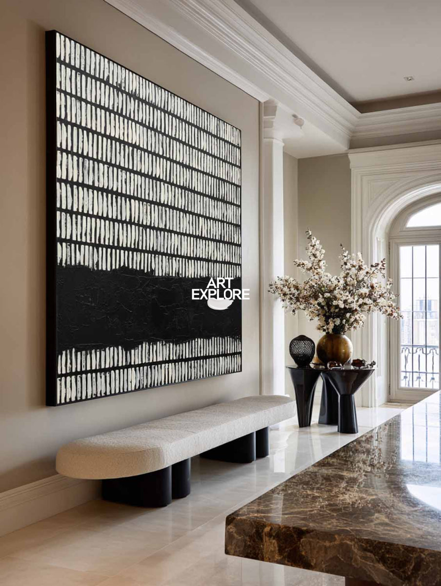 Minimalist Black And White Abstract Square Painting With Geometric Lines For Modern Home Decor