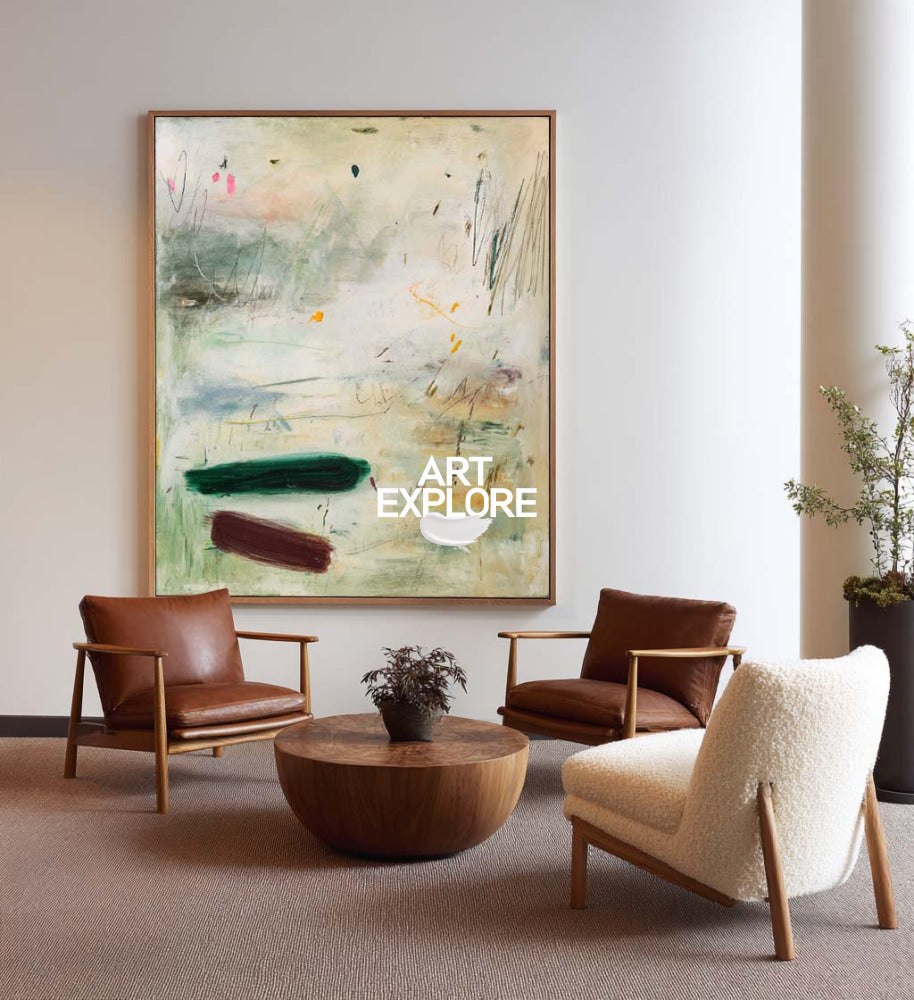 Modern Minimalist Green Abstract Painting Original Oil On Linen Canvas For Living Room Decor