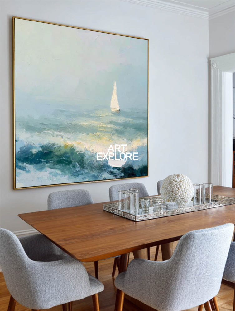 Textured Seascape Oil Painting With Sailboat For Modern Coastal Home Decor