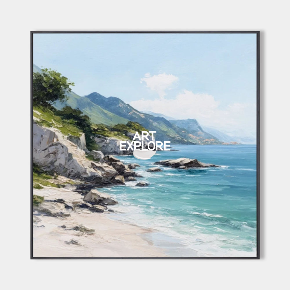 Modern Coastal Landscape Painting With Mountains And Sea For Living Room Decor