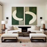 Green And White Diptych Painting 2 piece Geometric Minimalist Art Acrylic Painting On Canvas For Sale