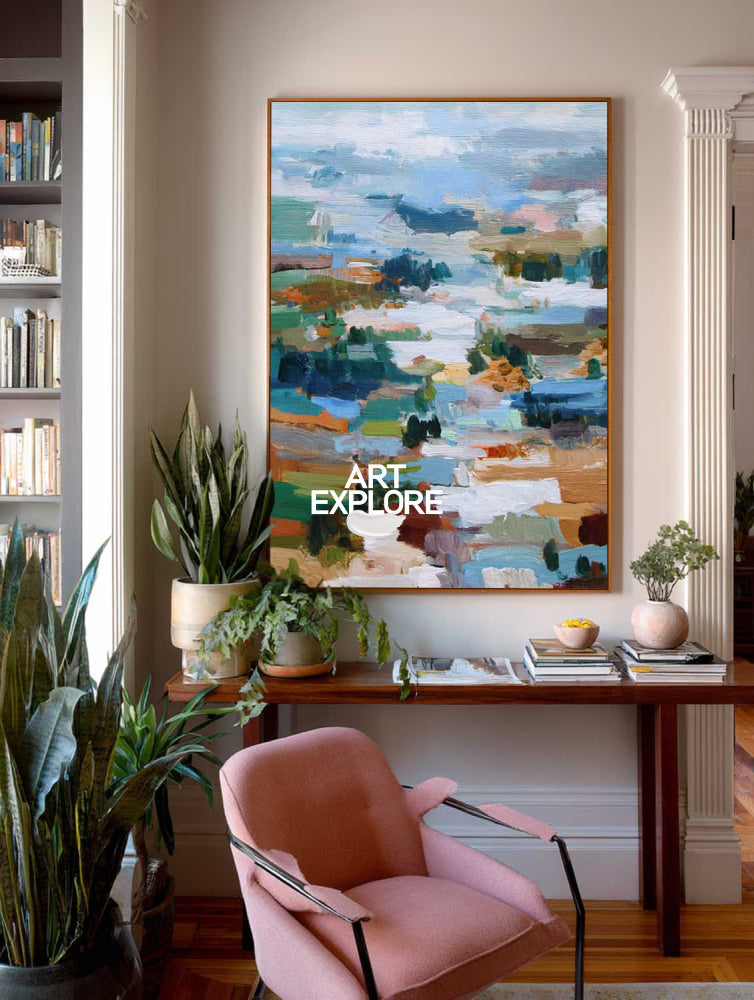 Original Abstract Landscape Oil Painting With Mosaic Patchwork Effect For Modern Home Decor