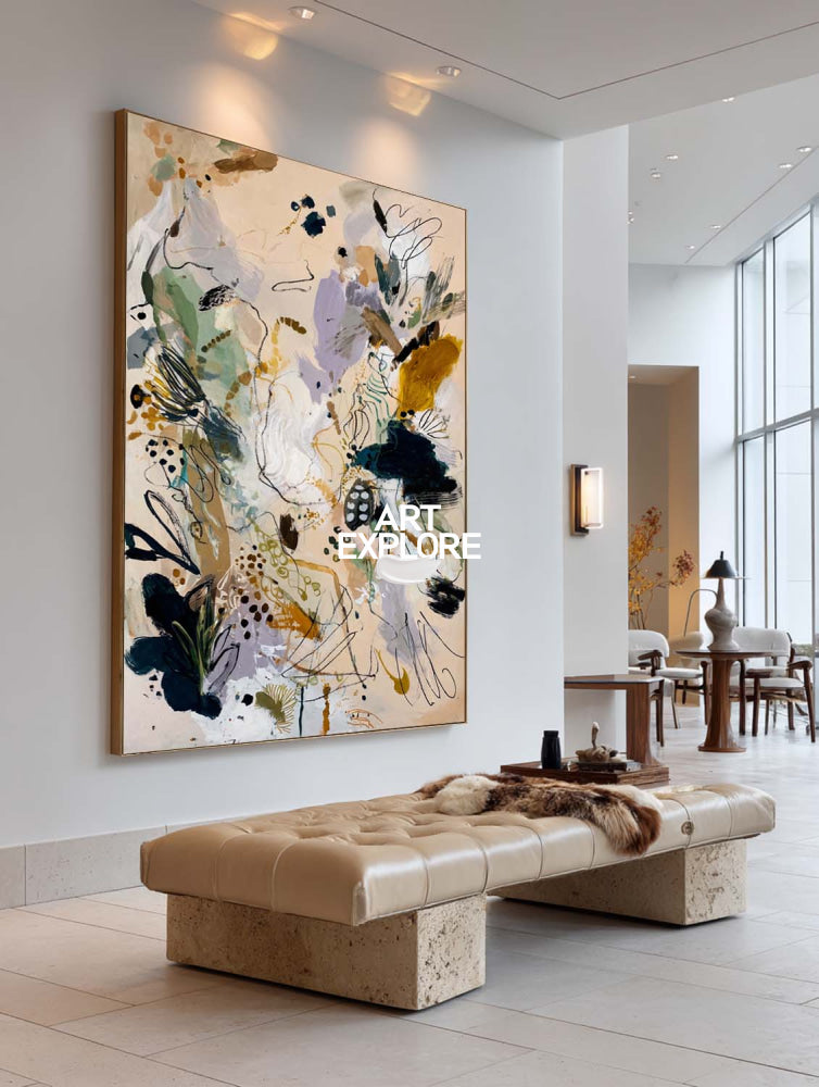 Contemporary Abstract Art Painting In Beige And Gold For Modern Living Room Decor