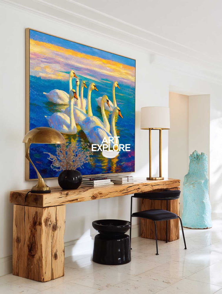 Original Oil Painting Of Swans On Blue Water With Gold Sunset Glow