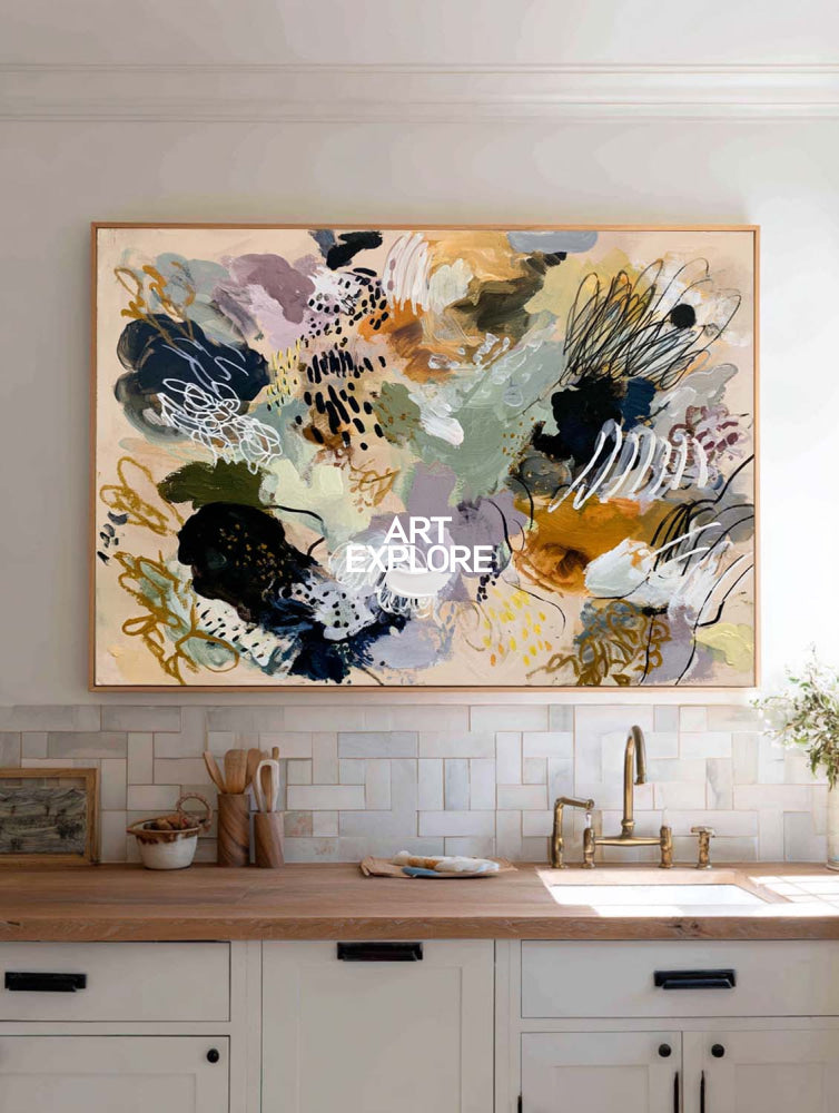 Large Multicolor Abstract Canvas Art With Neutral Beige Base For Living Room Wall
