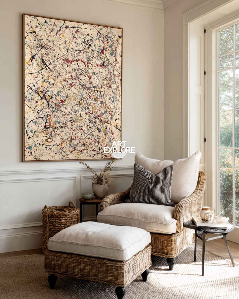 Modern Abstract Vertical Art With Beige And Multicolor Lines For Living Room