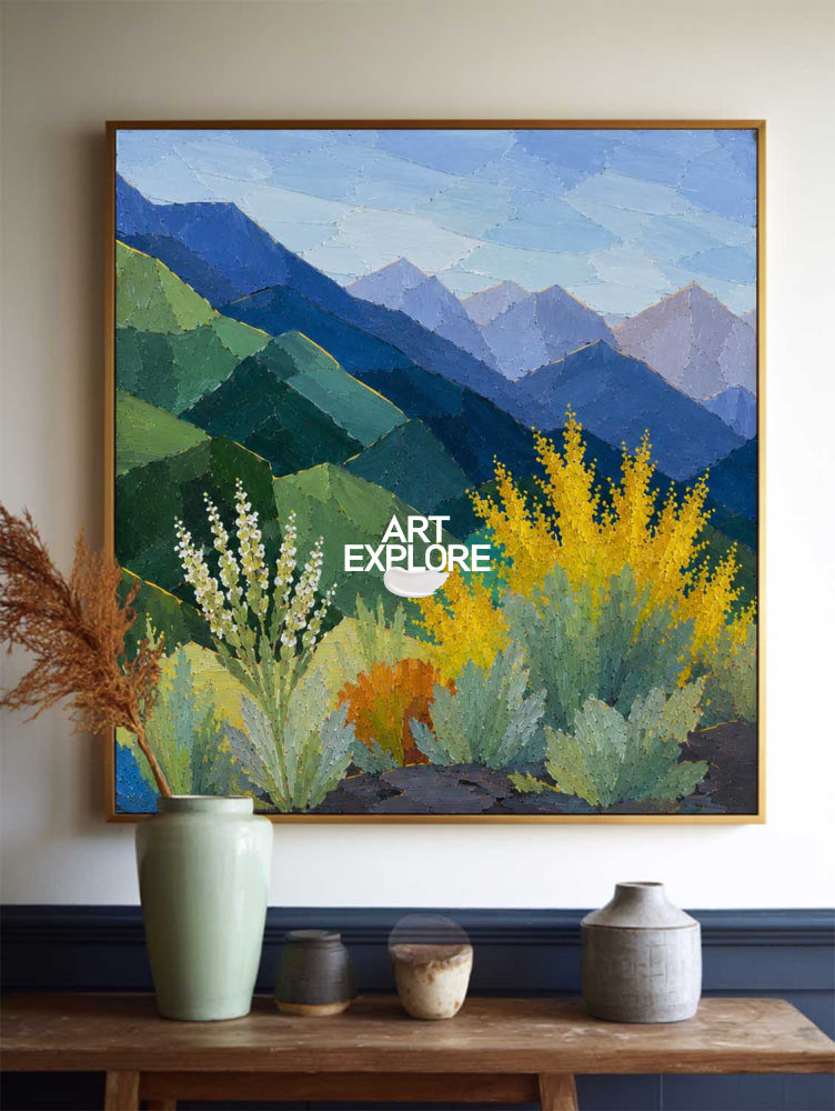 Modern Geometric Mountain Landscape Painting With Textured Blue Green Nature Art For Living Room Decor