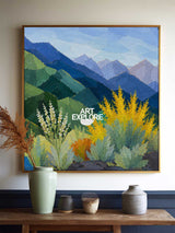 Modern Geometric Mountain Landscape Painting With Textured Blue Green Nature Art For Living Room Decor