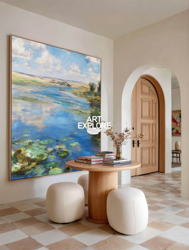 Original Impressionist Wetland Landscape Painting With Blue Sky And Green Water For Living Room Decor