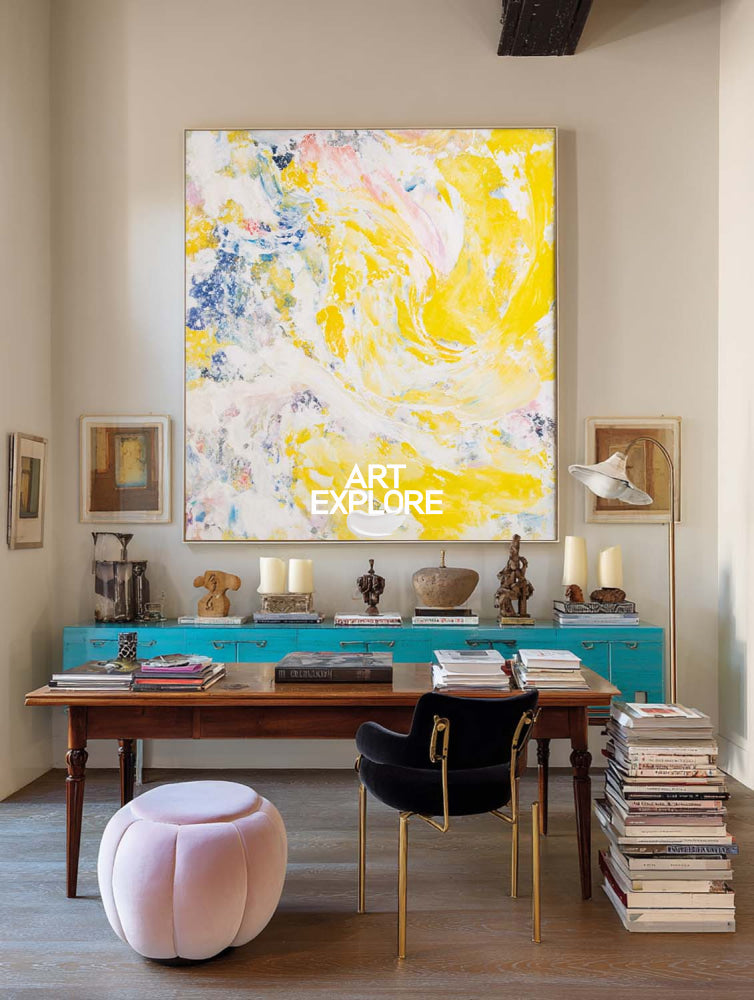 Vibrant Yellow Abstract Painting Modern Square Canvas Art For Living Room Decor