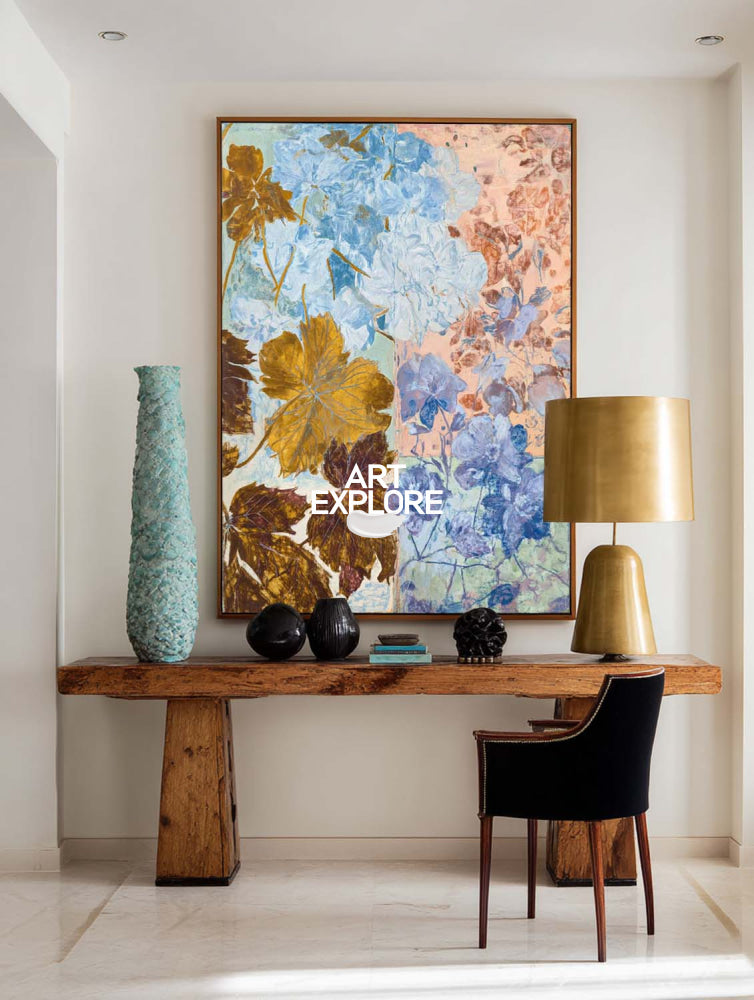 Modern Abstract Floral Painting With Gold Leaves For Living Room Decor