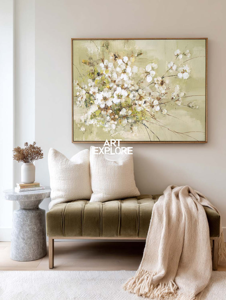 Modern Abstract Floral Painting White Blossoms On Sage Green Canvas For Living Room Decor