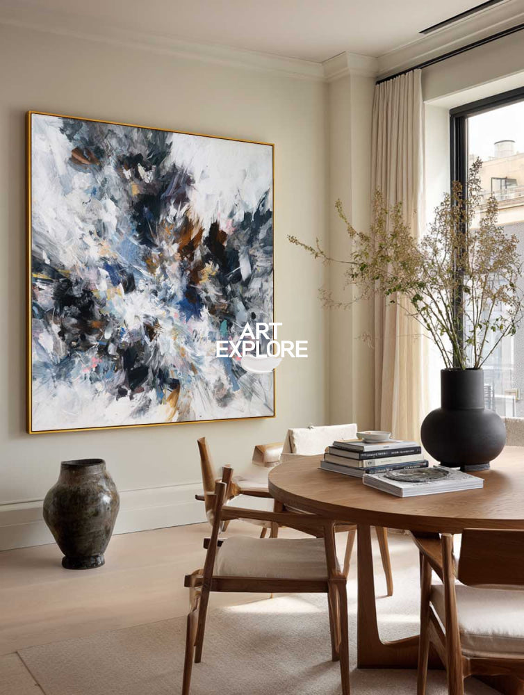 Modern Abstract Square Painting Black And White Textured Art For Living Room