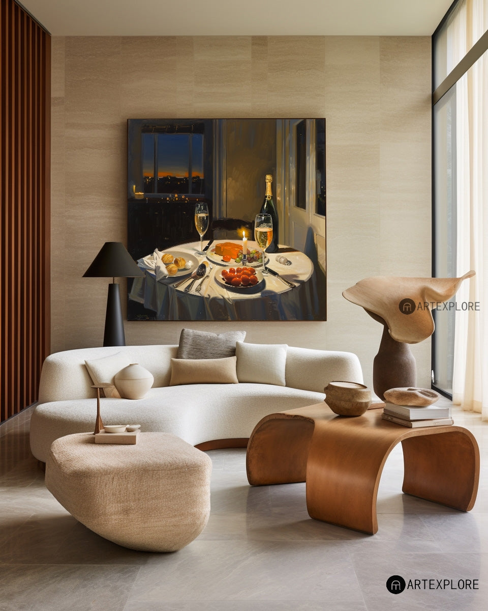 Large American Realism Wall Paintings Large Framed Canvas Art Romantic Candlelight Dinner in New York