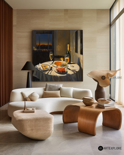 Large American Realism Wall Paintings Large Framed Canvas Art Romantic Candlelight Dinner in New York