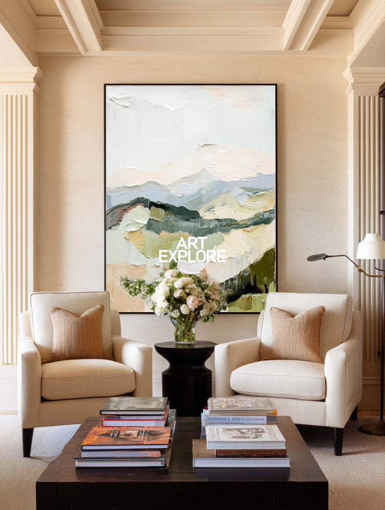 Modern Abstract Landscape Painting With Textured Hills For Living Room Decor