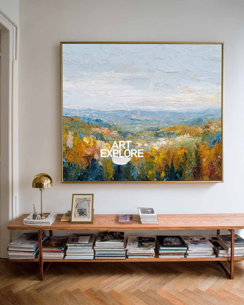 Original Impressionist Nature Art With Golden Autumn Hills And Sky