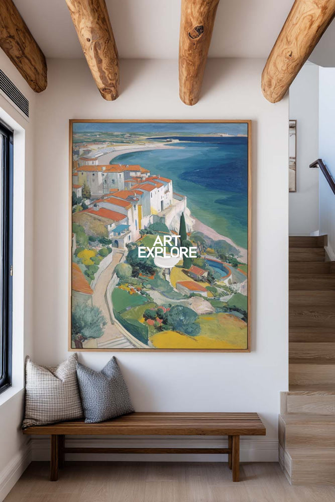 Abstract Coastal Town Seascape Oil Painting On Linen Canvas For Modern Home Decor