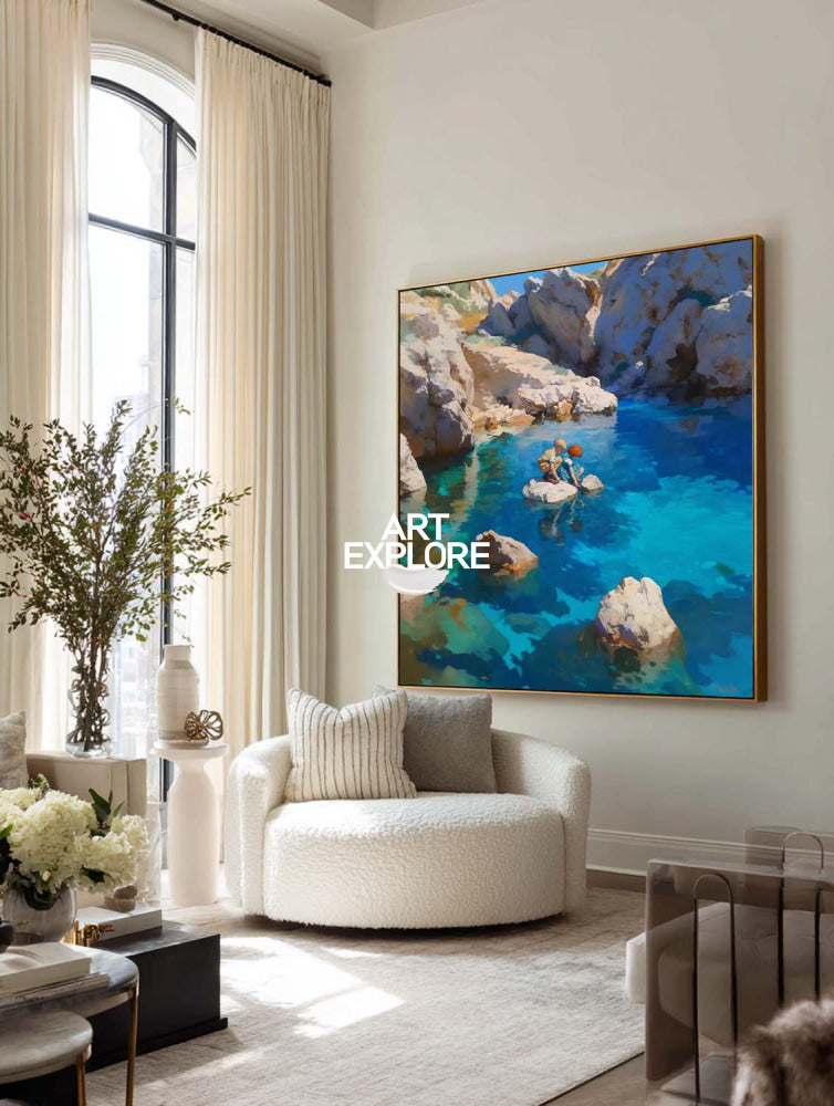 Abstract Turquoise Seascape Painting With Figures In Square Frame For Modern Home Decor