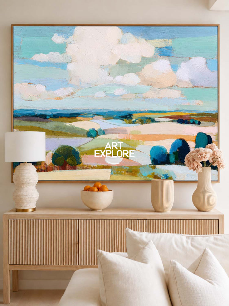 Contemporary Textured Landscape Painting With Blue Green Fields For Modern Home Decor